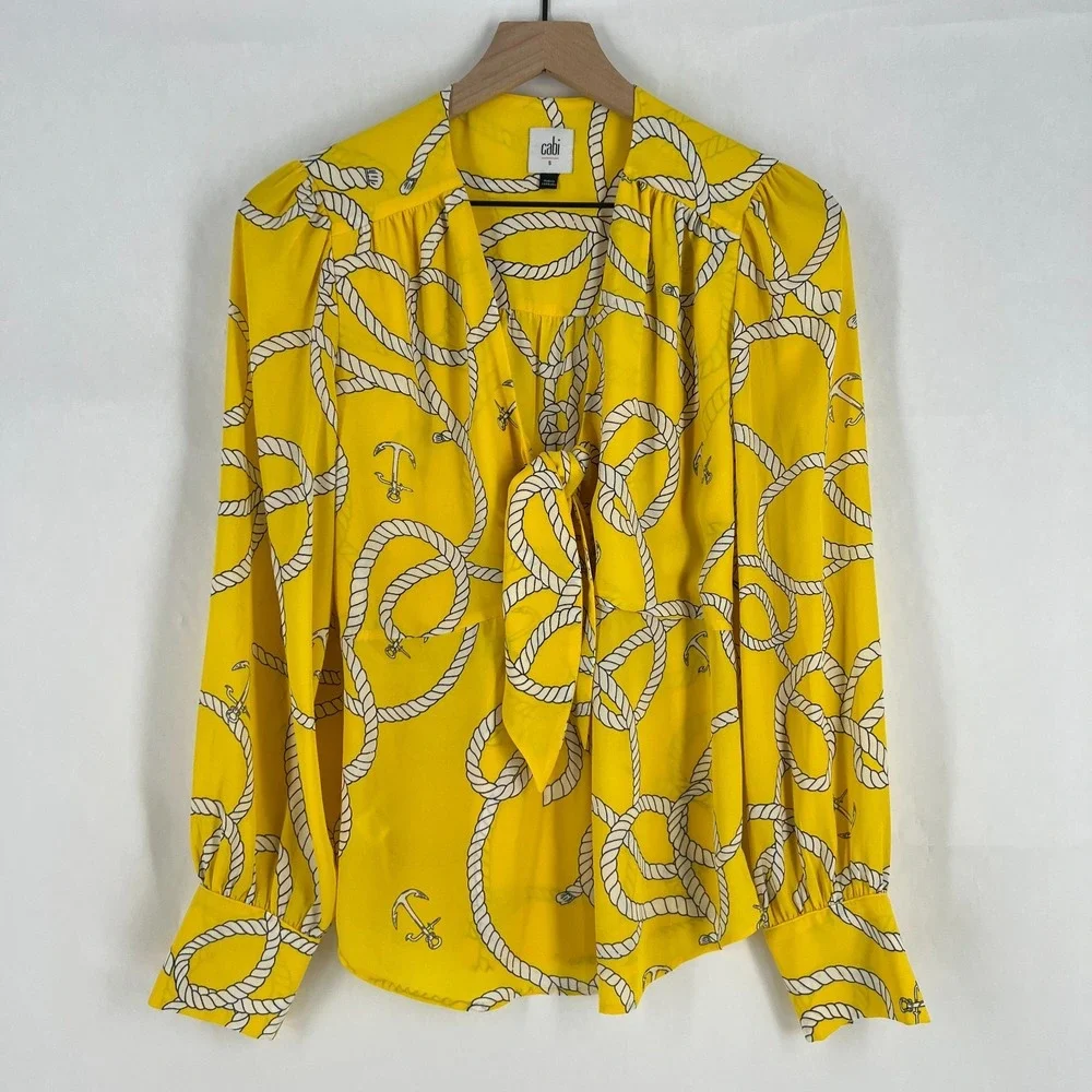 Cabi Reef Knot Blouse Womens Small Yellow Nautical Rope Anchor V Neck Pleated - Picture 1 of 16